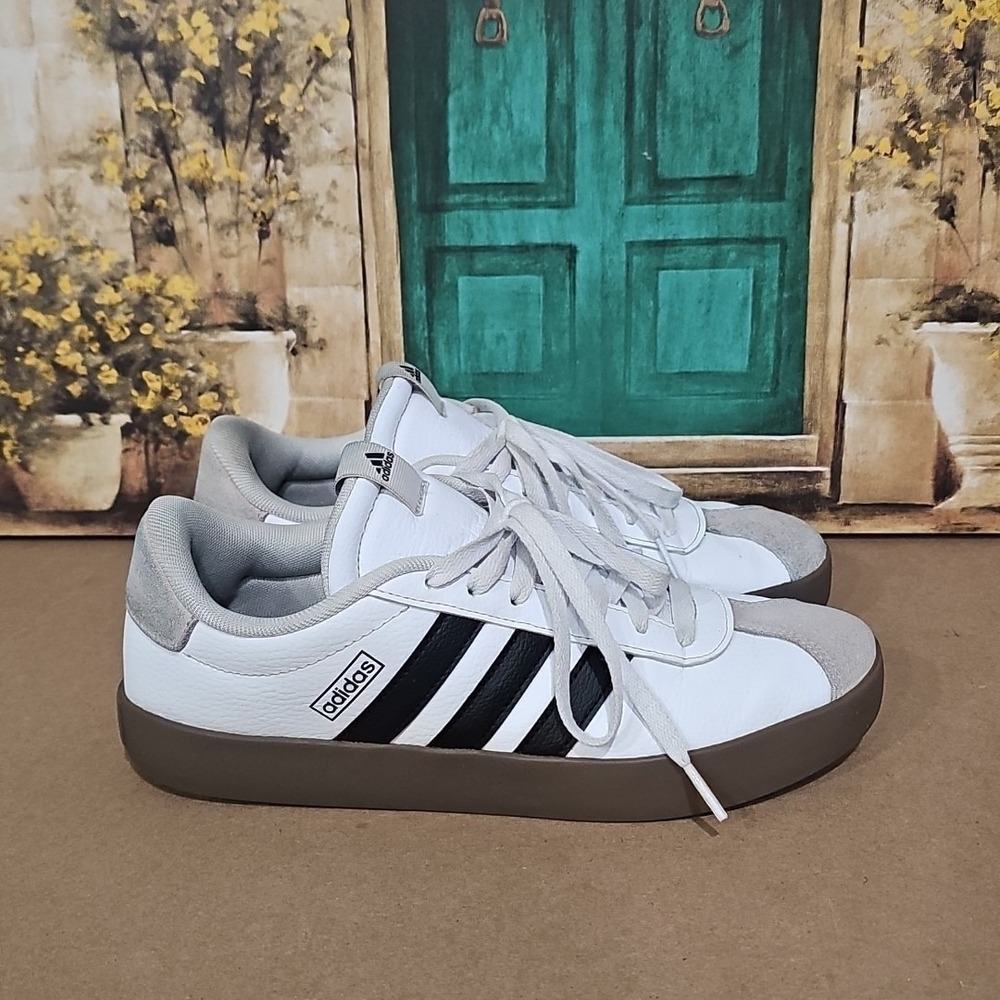 Adidas VL Court Wht Leather Black Stripe Gum Sole Sneakers Men's Sz 8.5 - Picture 3 of 8